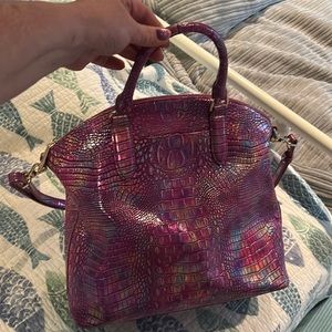 Brahmin deluxe satchel in purply pink.